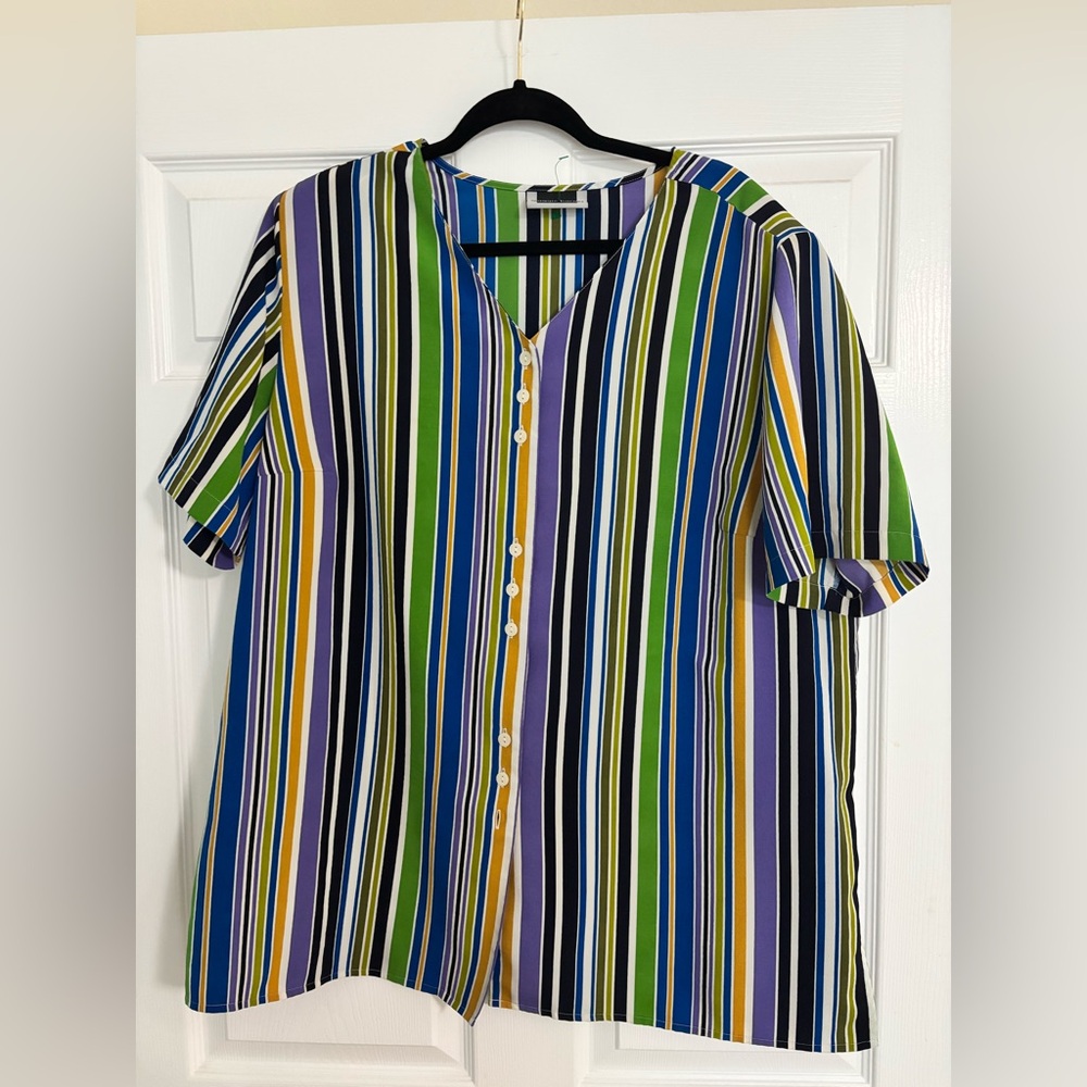 Maggie Barnes Multicolor Vertical Stripe Short Sleeve Button Shirt